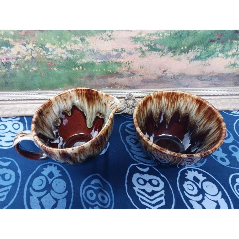 Vintage Canonsburg USA Pottery Brown Drip Creamer Sugar Bowl